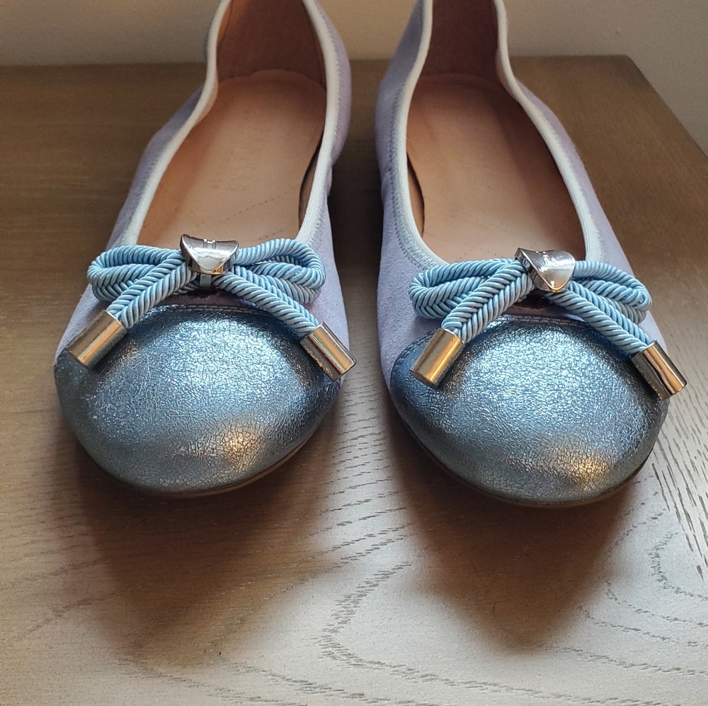 Ballerina Leather Flats - Suede, Periwinkle Blue With Silver Bow - Made In Spain - Picture 15 of 15